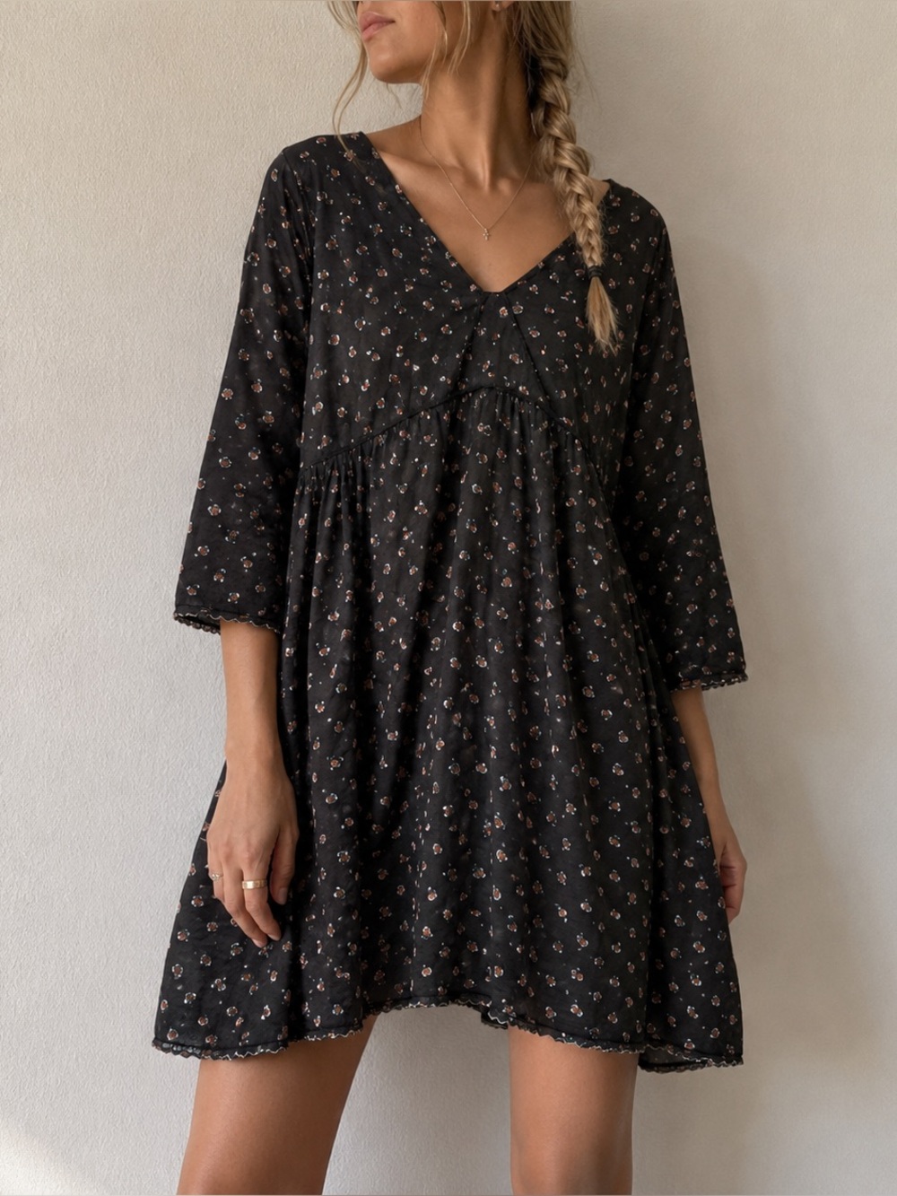 Thierry Colson Black Floral Cotton Babydoll Dress Large Cottage Prairie Grunge